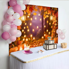 Celebrate Autumn Maple Leaves and Pumpkin Photography Backdrop, Warm Lanterns Background for Thanksgiving Portrait