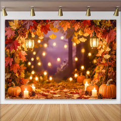 Celebrate Autumn Maple Leaves and Pumpkin Photography Backdrop, Warm Lanterns Background for Thanksgiving Portrait