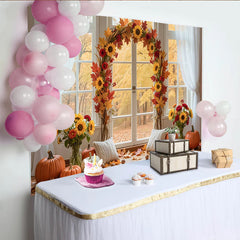Lofaris Autumn Photography Backdrop with Pumpkins and Sunflowers, Cozy Fall Window Scene Background for Studio Photoshoot