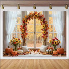 Lofaris Autumn Photography Backdrop with Pumpkins and Sunflowers, Cozy Fall Window Scene Background for Studio Photoshoot