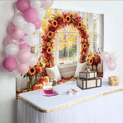 Celebrate Autumn Backdrop with Sunflowers and Pumpkins for Portrait, Warm Window Background for Thanksgiving Studio Photoshoot