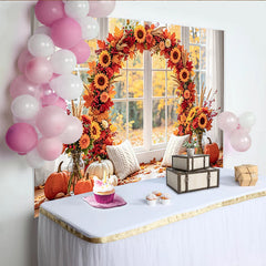 Celebrate Autumn Backdrop with Sunflowers and Pumpkins for Portrait, Cozy Window Background for Fall Studio Photoshoot