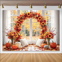 Celebrate Autumn Backdrop with Sunflowers and Pumpkins for Portrait, Cozy Window Background for Fall Studio Photoshoot