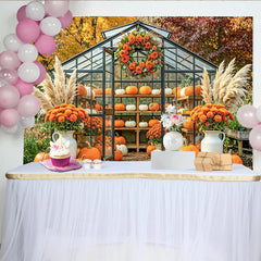 Capture Autumn Pumpkin Greenhouse Backdrop for Fall Portrait, Rustic Orange Flower and Pampas Grass Background for Studio