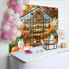 Capture Autumn Pumpkin Greenhouse Backdrop for Fall Portrait, Rustic Orange Flower and Pampas Grass Background for Studio