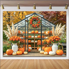 Capture Autumn Pumpkin Greenhouse Backdrop for Fall Portrait, Rustic Orange Flower and Pampas Grass Background for Studio