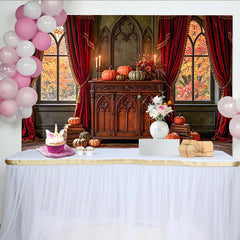 Lofaris Autumn Backdrop with Pumpkins, Red Curtains and Gothic Windows, Rustic Wooden Cabinet Photo Background for Fall Event Decoration