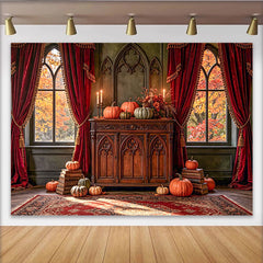 Lofaris Autumn Backdrop with Pumpkins, Red Curtains and Gothic Windows, Rustic Wooden Cabinet Photo Background for Fall Event Decoration