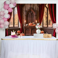 Celebrate Gothic Castle Halloween Backdrop with Pumpkins, Vintage Red Curtain Background for Autumn Holiday Party