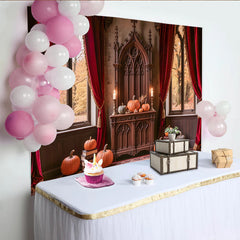 Celebrate Gothic Castle Halloween Backdrop with Pumpkins, Vintage Red Curtain Background for Autumn Holiday Party