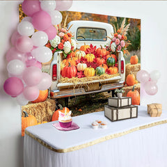 Celebrate Rustic Autumn Harvest Backdrop with White Pumpkin Truck, Beautiful Fall Thanksgiving Background for Studio Photo Booth