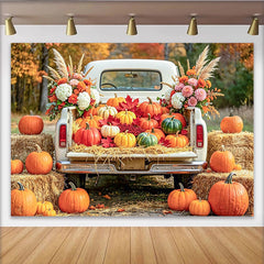 Celebrate Rustic Autumn Harvest Backdrop with White Pumpkin Truck, Beautiful Fall Thanksgiving Background for Studio Photo Booth