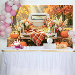 Celebrate Autumn Backdrop with Vintage White Truck and Pumpkins, Rustic Fall Harvest Background for Studio Portrait
