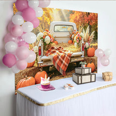 Celebrate Autumn Backdrop with Vintage White Truck and Pumpkins, Rustic Fall Harvest Background for Studio Portrait