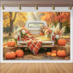 Celebrate Autumn Backdrop with Vintage White Truck and Pumpkins, Rustic Fall Harvest Background for Studio Portrait