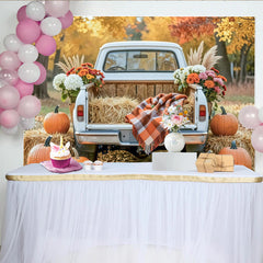 Celebrate Rustic Autumn Backdrop with Vintage Truck and Pumpkins, Harvest Thanksgiving Background for Fall Portrait Photoshoot