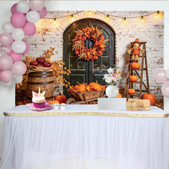 Celebrate Rustic Autumn Pumpkin Thanksgiving Backdrop for Party, Vintage Brick Wall Banner for Studio Photography