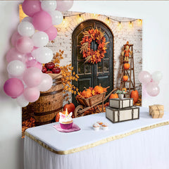 Celebrate Rustic Autumn Pumpkin Thanksgiving Backdrop for Party, Vintage Brick Wall Banner for Studio Photography