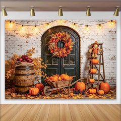 Celebrate Rustic Autumn Pumpkin Thanksgiving Backdrop for Party, Vintage Brick Wall Banner for Studio Photography