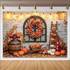 Capture Rustic Autumn Brick Wall Photography Backdrop with Pumpkin, Beautiful Fall Maple Wreath Background for Studio Portrait