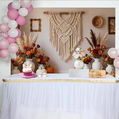 Celebrate Boho Macrame Autumn Backdrop with Pumpkins for Fall, Rustic Floral Background for Thanksgiving Party Decoration