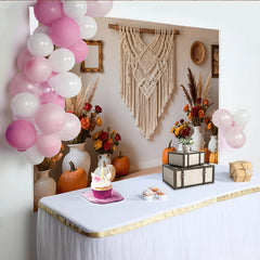 Celebrate Boho Macrame Autumn Backdrop with Pumpkins for Fall, Rustic Floral Background for Thanksgiving Party Decoration