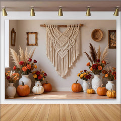 Celebrate Boho Macrame Autumn Backdrop with Pumpkins for Fall, Rustic Floral Background for Thanksgiving Party Decoration