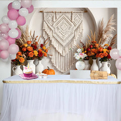 Celebrate Boho Autumn Backdrop with Macrame and Orange Pumpkins, Rustic Floral Background for Thanksgiving Photoshoot