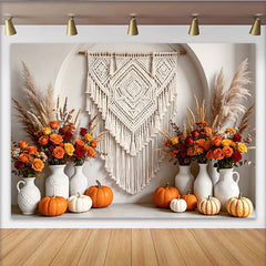Celebrate Boho Autumn Backdrop with Macrame and Orange Pumpkins, Rustic Floral Background for Thanksgiving Photoshoot