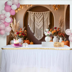 Celebrate Boho Autumn Pumpkin Thanksgiving Backdrop for Family Party, Rustic Macrame and Floral Photo Background Banner