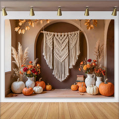 Celebrate Boho Autumn Pumpkin Thanksgiving Backdrop for Family Party, Rustic Macrame and Floral Photo Background Banner