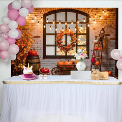 Celebrate Rustic Autumn Thanksgiving Backdrop with Pumpkins, Cozy Brick Wall Background for Fall Harvest Party Decor