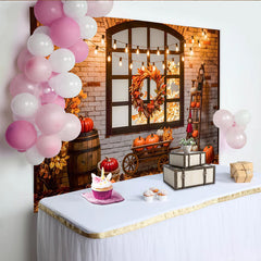 Celebrate Rustic Autumn Thanksgiving Backdrop with Pumpkins, Cozy Brick Wall Background for Fall Harvest Party Decor