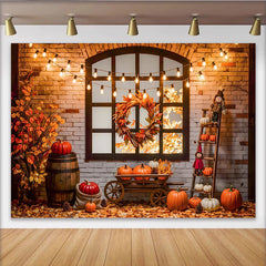Celebrate Rustic Autumn Thanksgiving Backdrop with Pumpkins, Cozy Brick Wall Background for Fall Harvest Party Decor