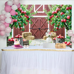 Capture Red Barn Autumn Apple Orchard Backdrop for Portrait, Rustic Farmhouse Background with Hay Bales and Crates