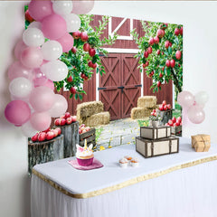 Capture Red Barn Autumn Apple Orchard Backdrop for Portrait, Rustic Farmhouse Background with Hay Bales and Crates