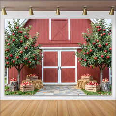 Lofaris Rustic Red Barn Autumn Orchard Backdrop for Fall Photoshoot, Apple Tree and Hay Bale Background for Portrait Studio