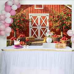 Lofaris Rustic Red Barn Autumn Backdrop for Harvest Photoshoot, Apple Orchard Background with Hay Bales and Wooden Crates