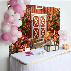 Lofaris Rustic Red Barn Autumn Backdrop for Harvest Photoshoot, Apple Orchard Background with Hay Bales and Wooden Crates