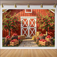 Lofaris Rustic Red Barn Autumn Backdrop for Harvest Photoshoot, Apple Orchard Background with Hay Bales and Wooden Crates