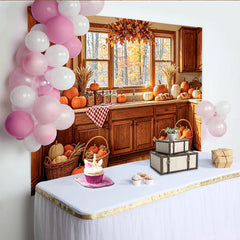 Celebrate Cozy Autumn Kitchen Thanksgiving Backdrop with Pumpkins, Warm Wooden Cabinets Background for Holiday Party Decor