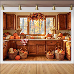 Celebrate Cozy Autumn Kitchen Thanksgiving Backdrop with Pumpkins, Warm Wooden Cabinets Background for Holiday Party Decor