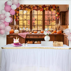 Lofaris Cozy Autumn Kitchen Thanksgiving Backdrop for Family Feast, Rustic Pumpkin and Maple Leaf Background for Photo Studio
