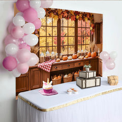 Lofaris Cozy Autumn Kitchen Thanksgiving Backdrop for Family Feast, Rustic Pumpkin and Maple Leaf Background for Photo Studio