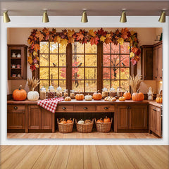 Lofaris Cozy Autumn Kitchen Thanksgiving Backdrop for Family Feast, Rustic Pumpkin and Maple Leaf Background for Photo Studio