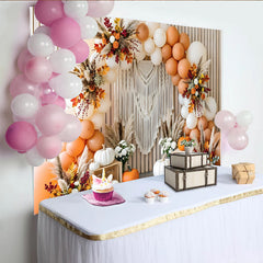 Celebrate Boho Autumn Backdrop with Pumpkins and Balloons for Portrait, Rustic Wood Background for Thanksgiving Party Decor