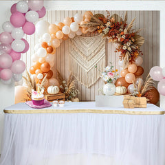 Celebrate Boho Autumn Pumpkin Thanksgiving Backdrop for Fall Harvest, Rustic Wood Wall Background with Balloon Arch and Macrame