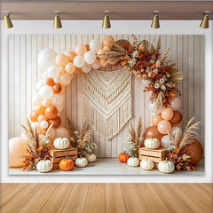 Celebrate Boho Autumn Pumpkin Thanksgiving Backdrop for Fall Harvest, Rustic Wood Wall Background with Balloon Arch and Macrame