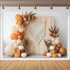 Capture Boho Autumn Backdrop with Pumpkins and Balloons, Rustic Wood Wall Background for Thanksgiving Photoshoot