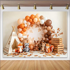 Celebrate Fall Woodland Baby Shower Backdrop with Teepee and Animals, Rustic Fall Forest Party Background for Newborn Photoshoot